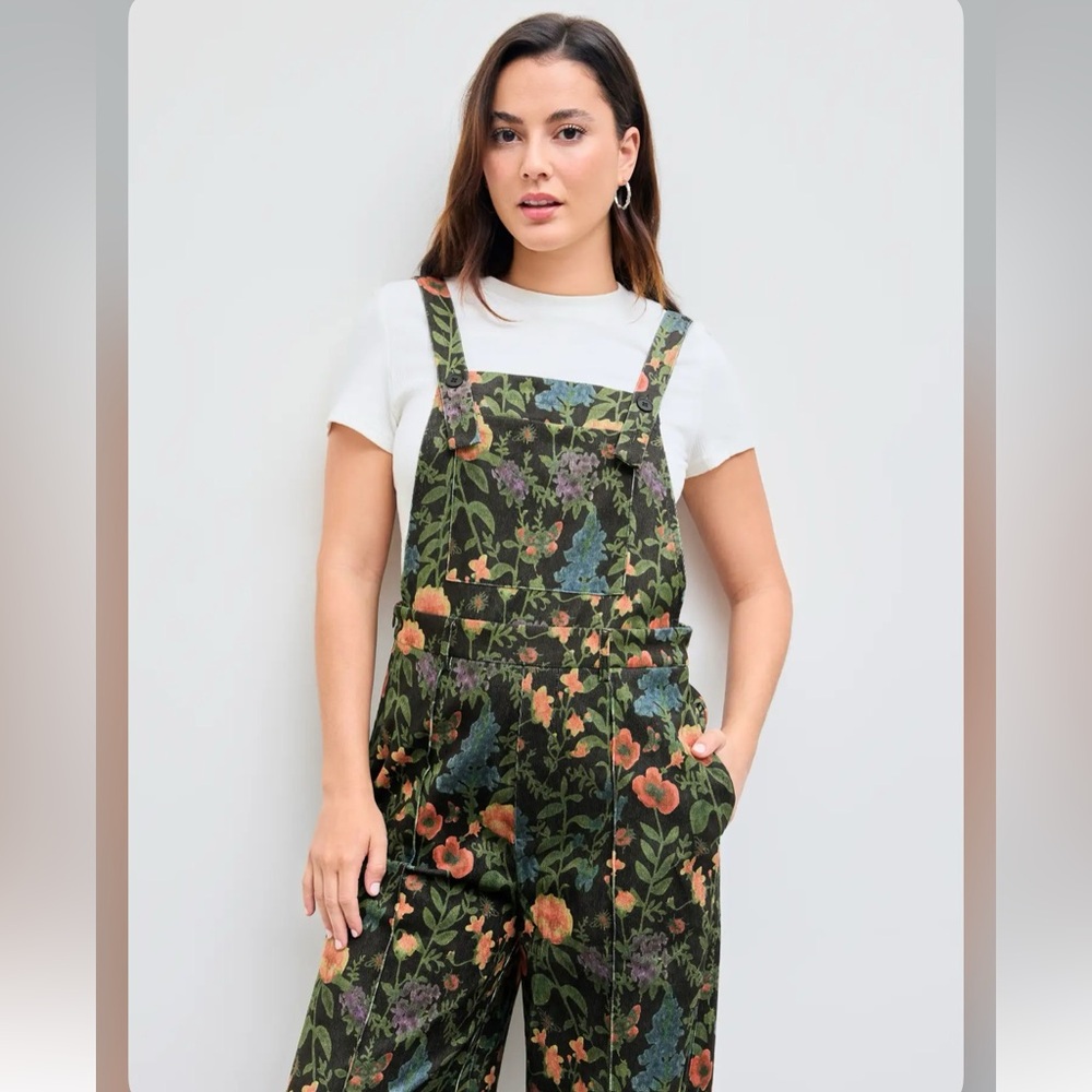Cider LIGHTWEIGHT CORDUROY FLORAL BUTTON WIDE LEG JUMPSUIT XL SW2-7 - Picture 2 of 14